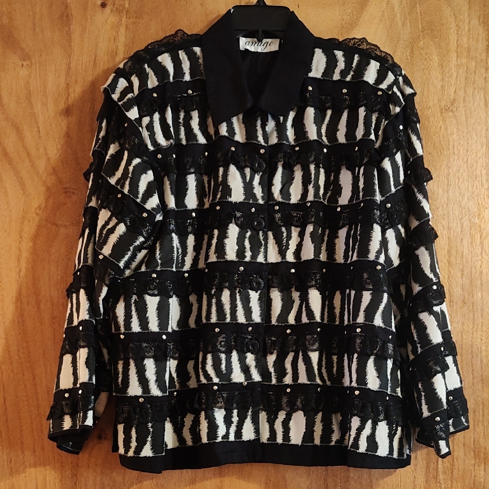 Anage Avant-Garde Jacket Zebra Print Lace Black Cream Embellished Cotton Artsy L